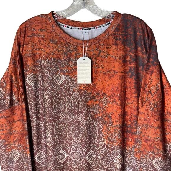 Exclusive Mandala Print Tunic Dress in Rust Long Sleeve Shift Pockets M - Picture 10 of 12